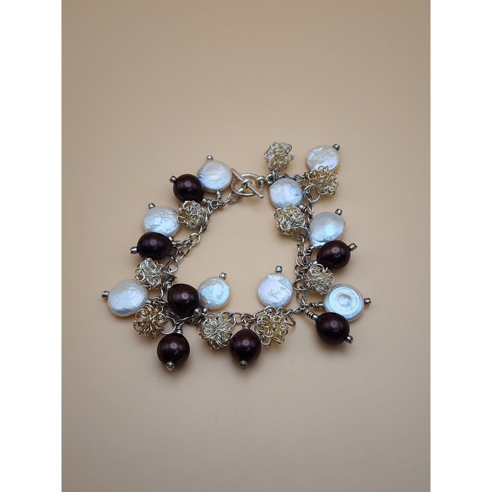Vtg GENUINE Coin Pearl & Brown Glass Bead Bracelet Silver Wire Balls FREE $HIP!!